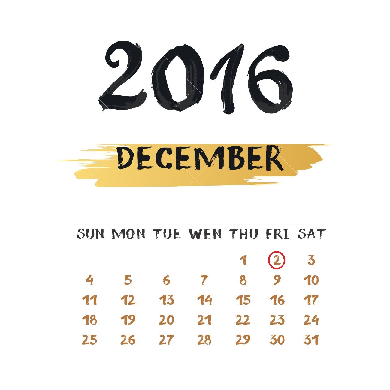 Vector calendar for December 2016. Hand drawn numbers and letter