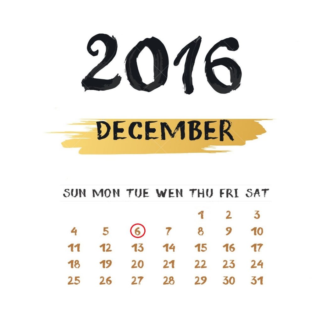 Vector calendar for December 2016. Hand drawn numbers and letter